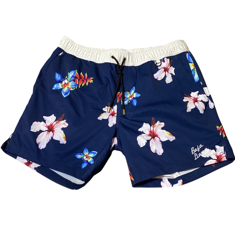 Baja‎ Llama Mens Swim Trunks Floral Navy Blue Swimsuit Shorts - Size M - NWOT